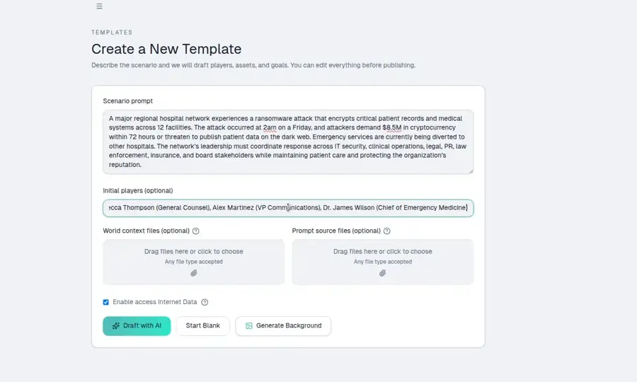 AgentSim template creation page filled with a real scenario prompt and player names